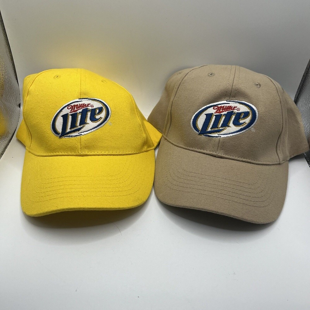 Two Miller Light Caps‎ Tan Yellow Hook And Loop Adjustable Straps Acme